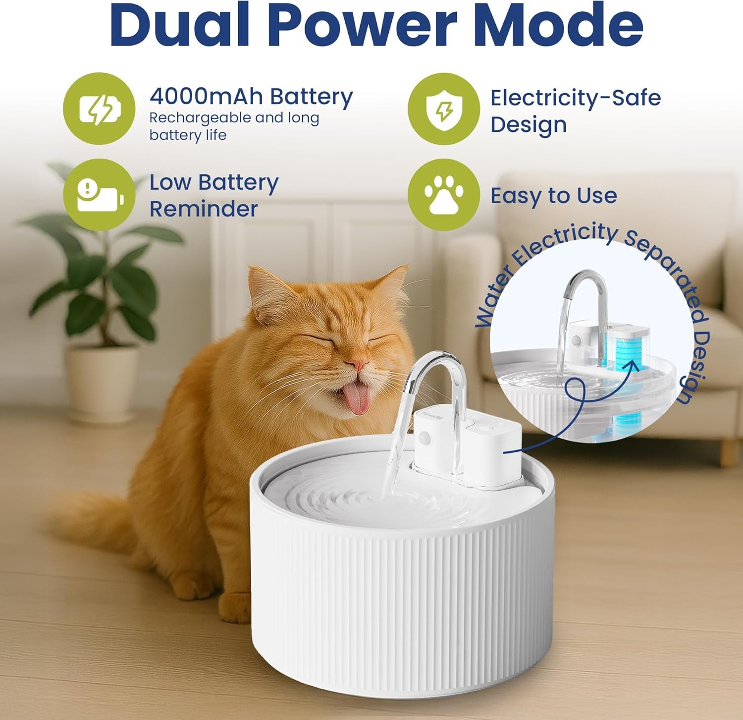 Ceramiflow Cat Water Fountain, Ceramic Automatic Cat Fountain with Motion Sensor, Cordless Rechargeable Pet Fountain, 9 Cup Indoor Cat Fountain, Multi-Layer Filtration, Dishwasher Safe, White