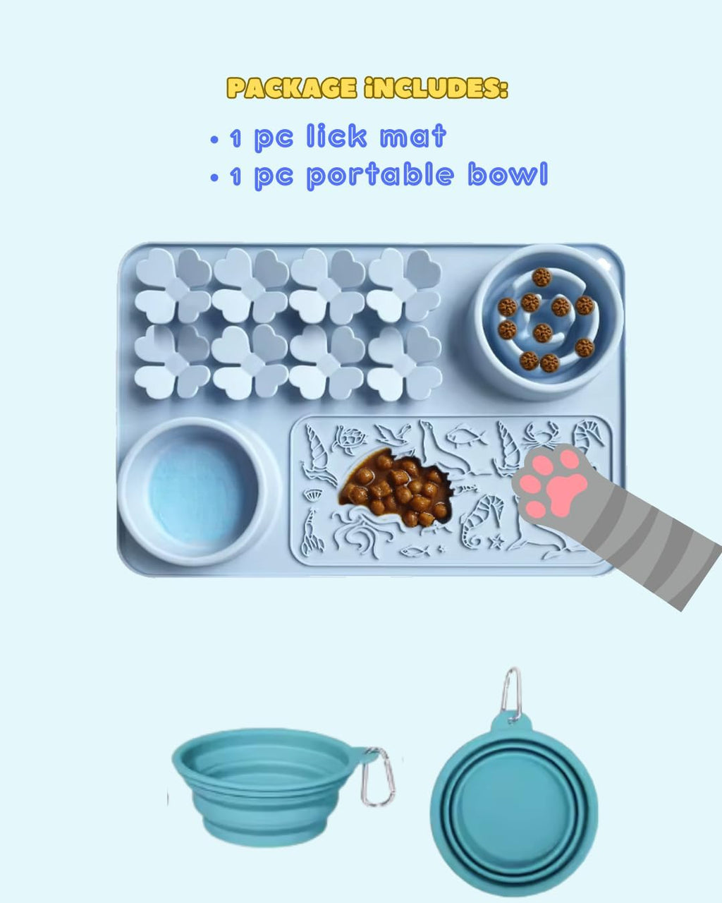 Silicone Lick Mat & Slow Feeder Bowl for Dogs and Cats – Suction Cup Snuffle Mat for Dogs and Cats – Slow Eating, Smell Training, Collapsible Portable Pet Bowl (Blue)