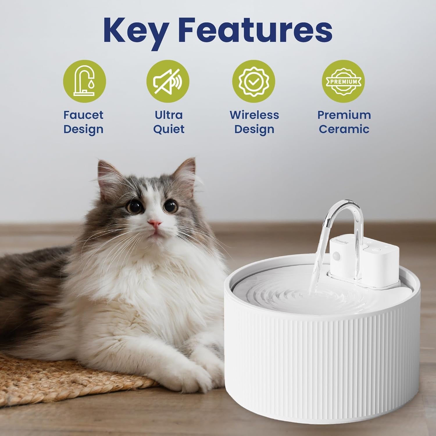 Ceramiflow Cat Water Fountain, Ceramic Automatic Cat Fountain with Motion Sensor, Cordless Rechargeable Pet Fountain, 9 Cup Indoor Cat Fountain, Multi-Layer Filtration, Dishwasher Safe, White
